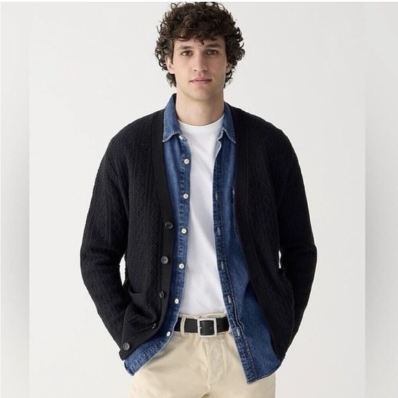 Knit for J.Crew Heritage cotton pointelle-stitch cardigan sweater Size M Black